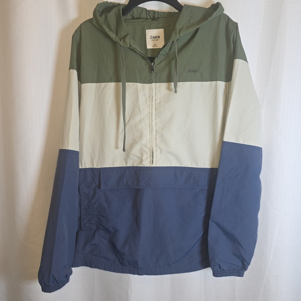 Katin Anorak Rain Coat Jacket Zipper Hoodie Front Pouch Blue Green Beige Sz Med